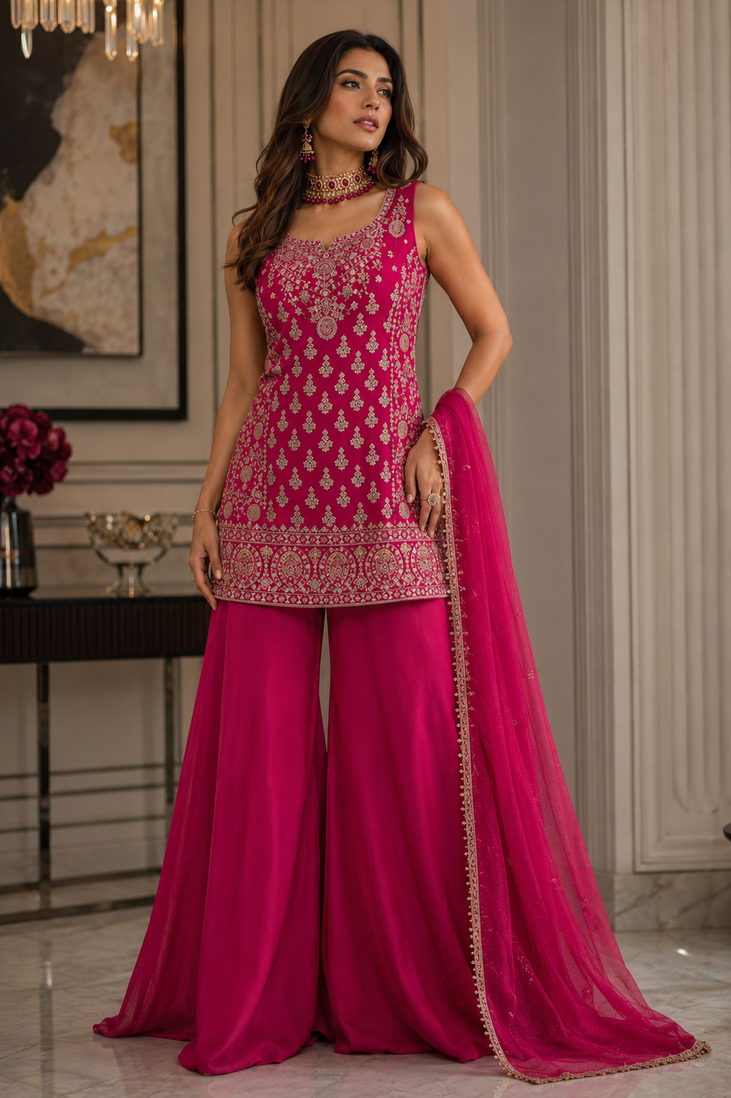 Sleeveless Embroidered Sharara Suit