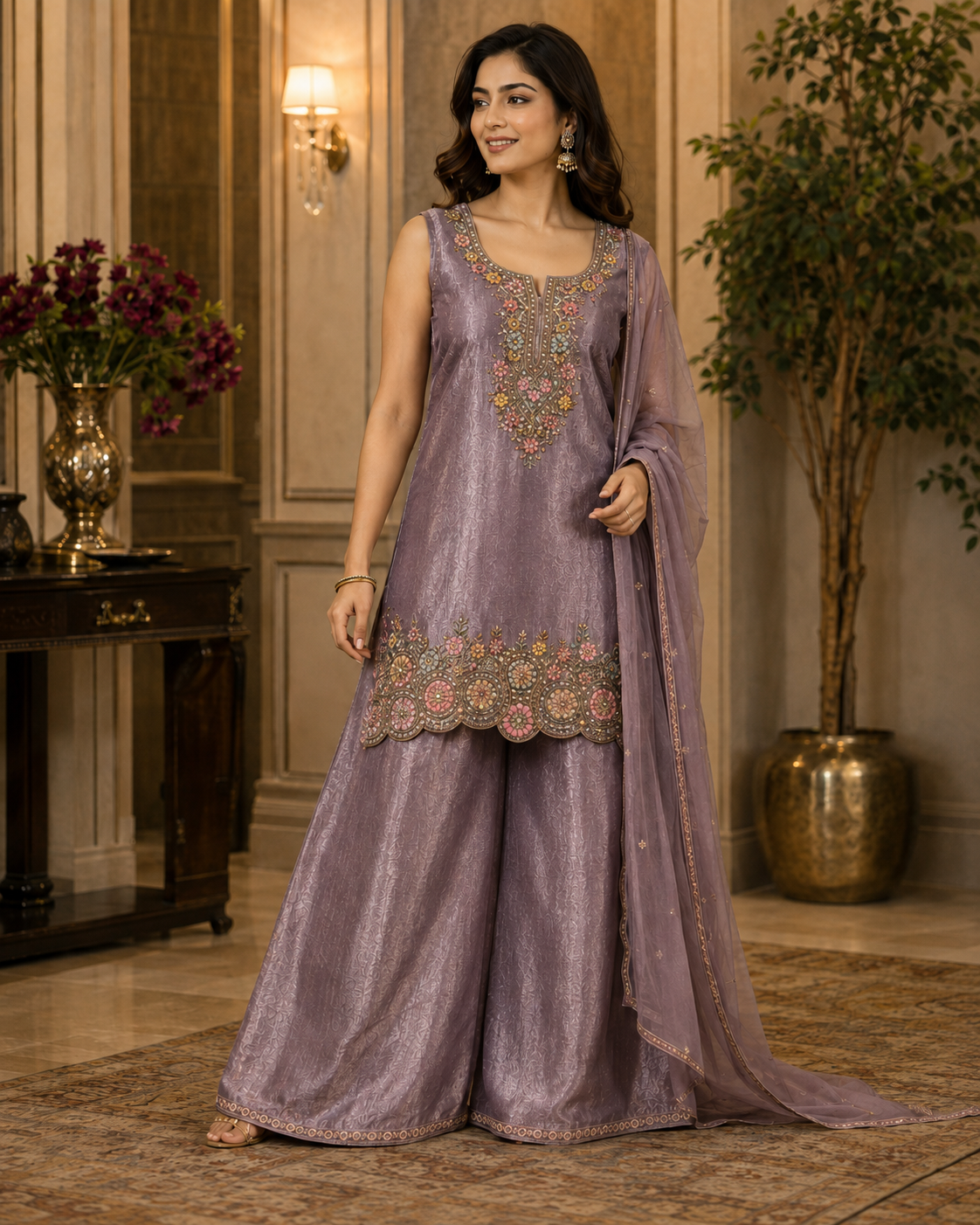 Sleeveless Embroidered Sharara Suit
